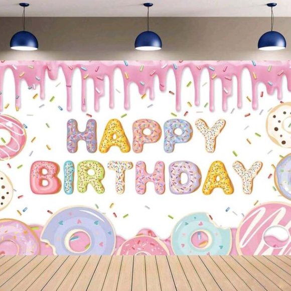 1pc Donuts Pattern Decoration Party Supplies Pink Happy Birthday - Picture 2 of 3